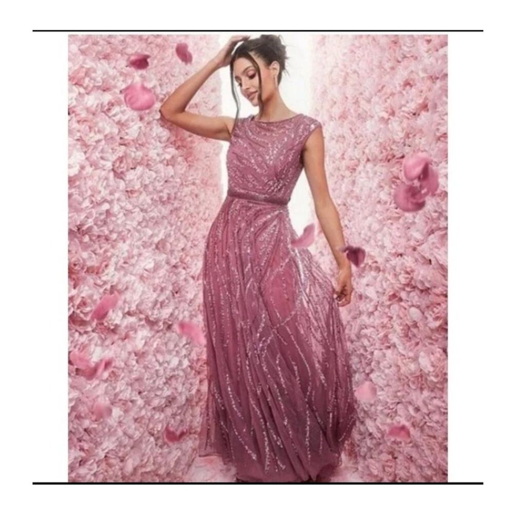 Mac Duggal 5445 Purple Pink 4 Embellished Cap Sleeve Evening Gown Formal Dress